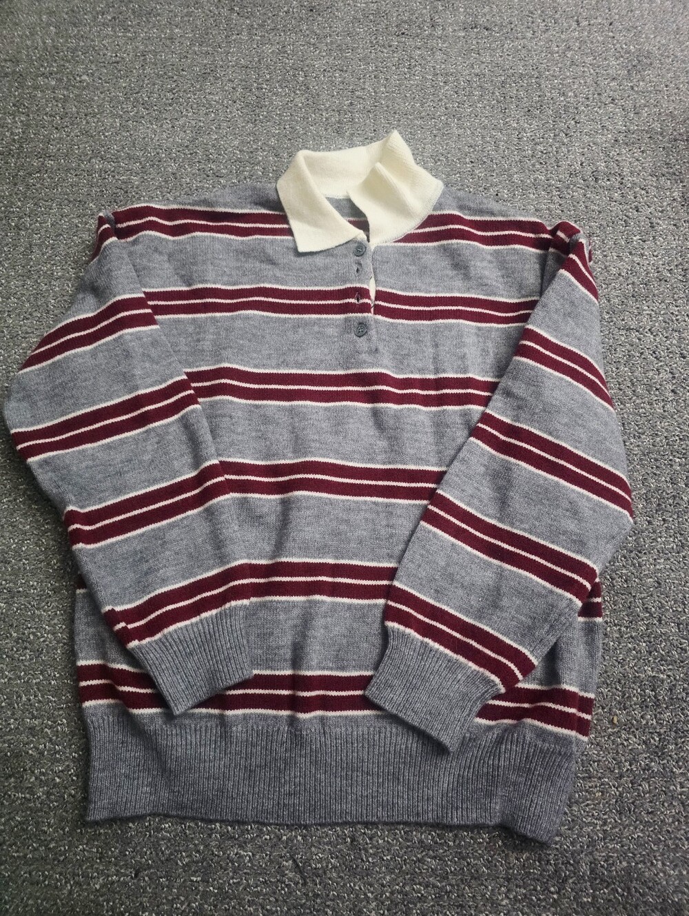 SHEIN Grey and Burgundy Striped Zip-Up Sweater with Cream Collar